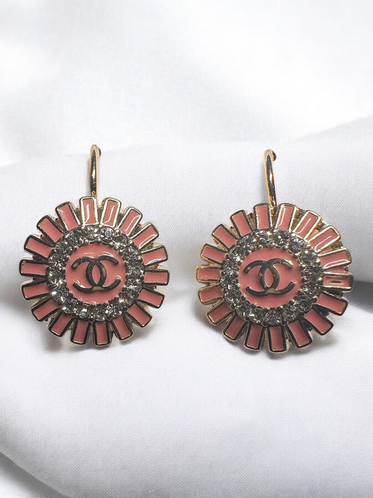 Vintage Designer Up-Cycled Pink and Gold Rhinestone Leverback Chanel Button Earrings