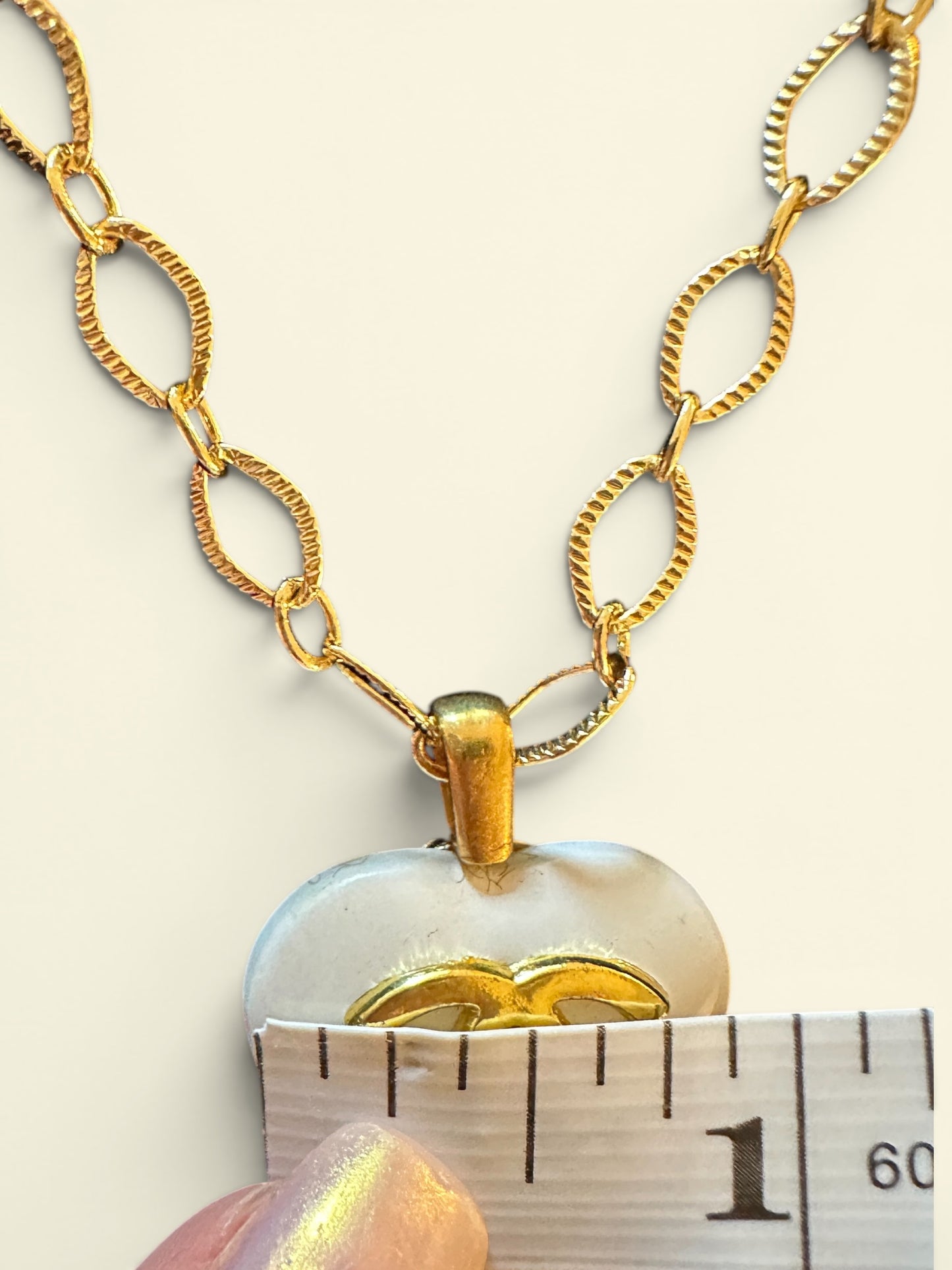 Luxury Designer Heart Shaped Button Necklace Ivory and Gold w Gold Filled Chain.