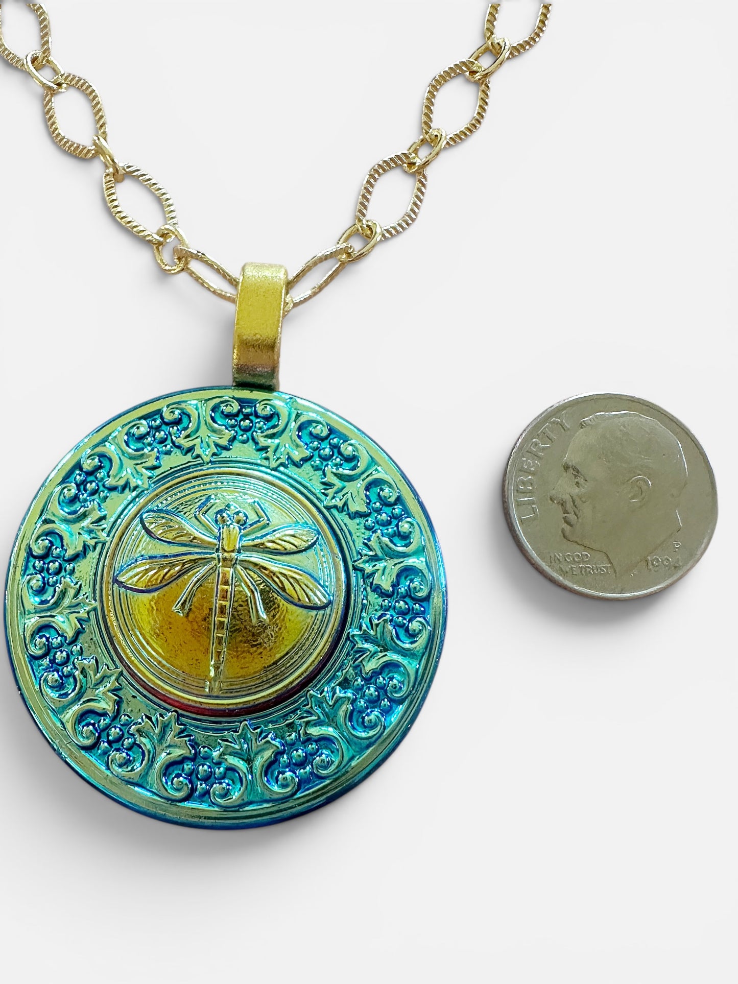 "Dragonfly Magic" - Turquoise and Gold Czech Glass Button Necklace