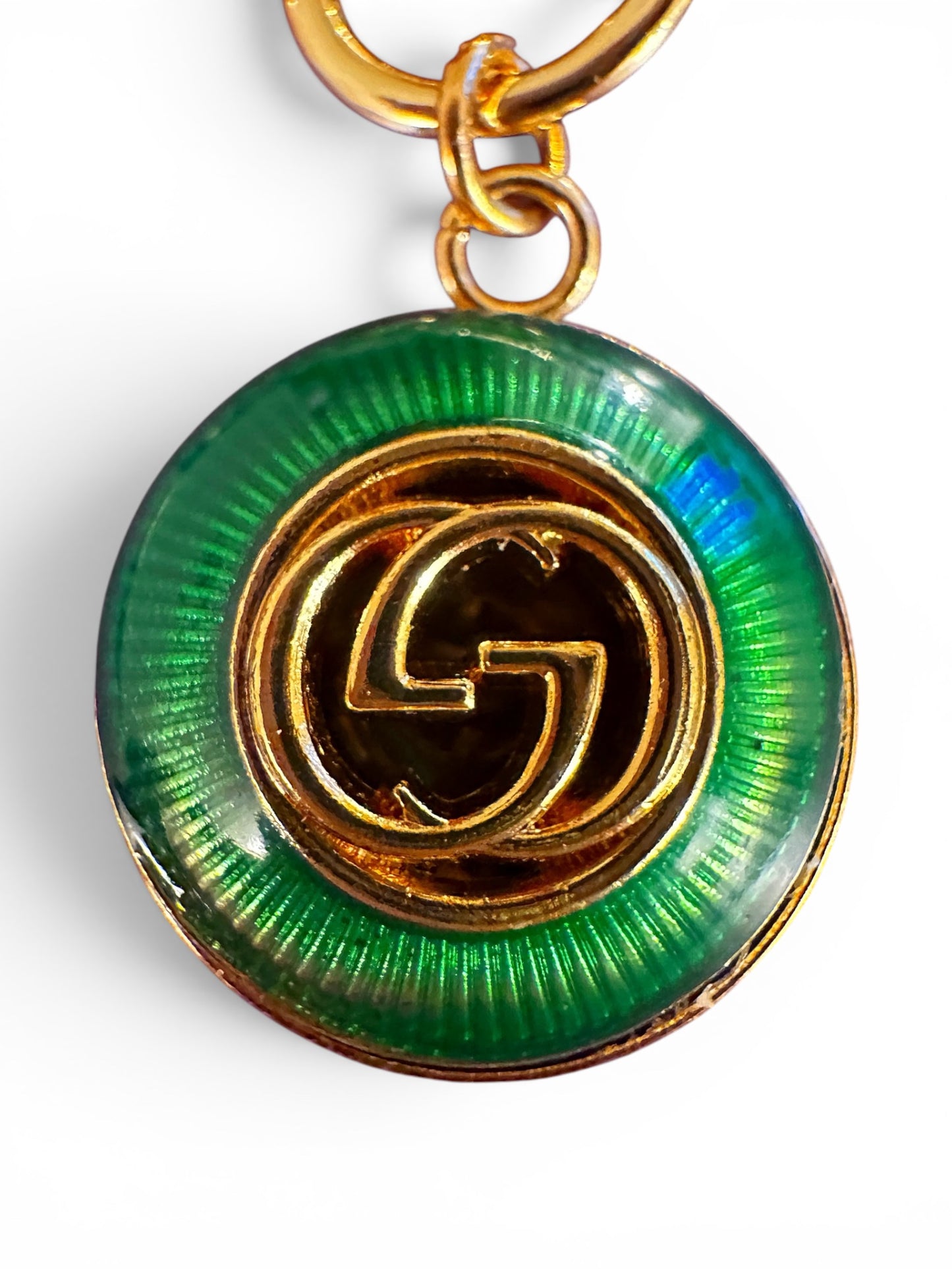 Gucci Bee Luxury Designer Button Necklace Green and Gold w Gold Filled Chain.