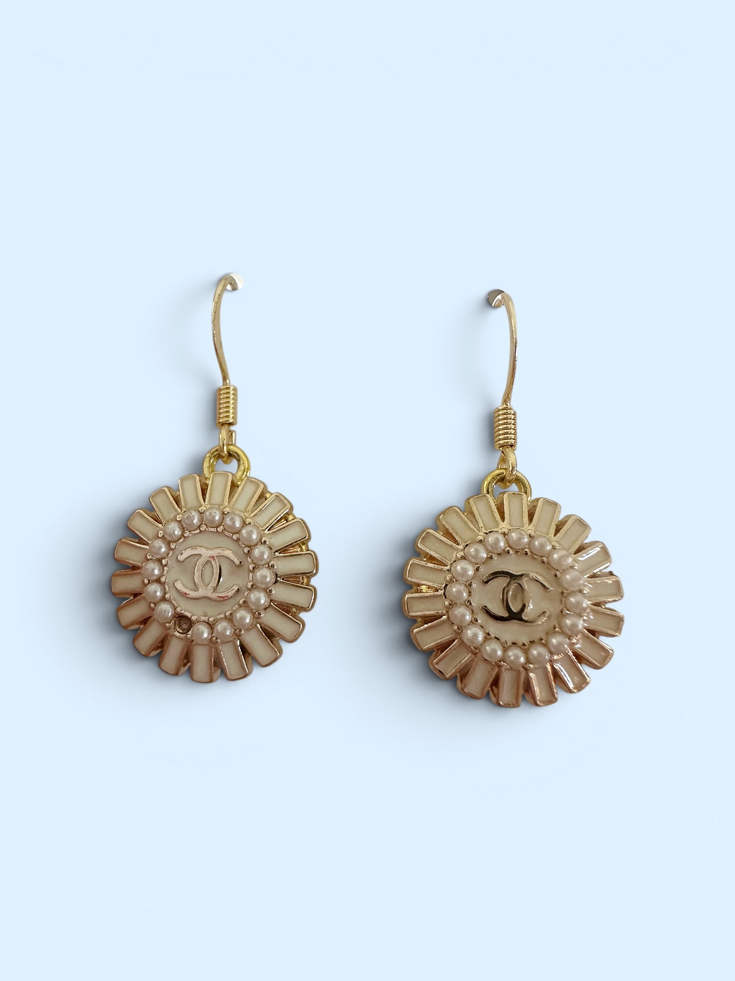 CLEARANCE - Vintage Designer Up-Cycled White and Gold Pearl Chanel Button Earrings