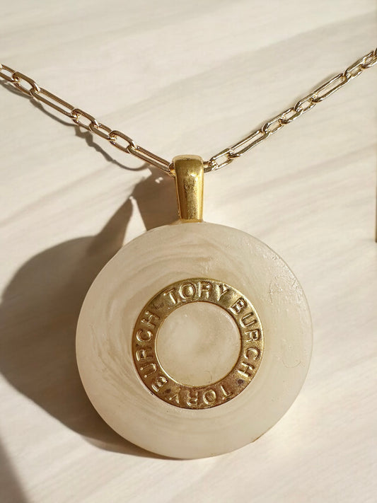Tory Birch Luxury Designer Button Necklace Ivory and Gold w Gold Filled Chain