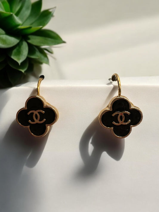 Vintage Designer Up-Cycled black and Gold Chanel Lever-back Fleur Button Earrings