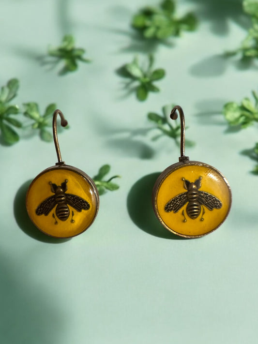Vintage Designer Up-Cycled Yellow and Bronze Leverback Gucci Bee Button Earrings