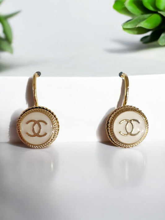 Tiny Vintage Designer Up-Cycled White and Gold Chanel Lever-back Button Earrings