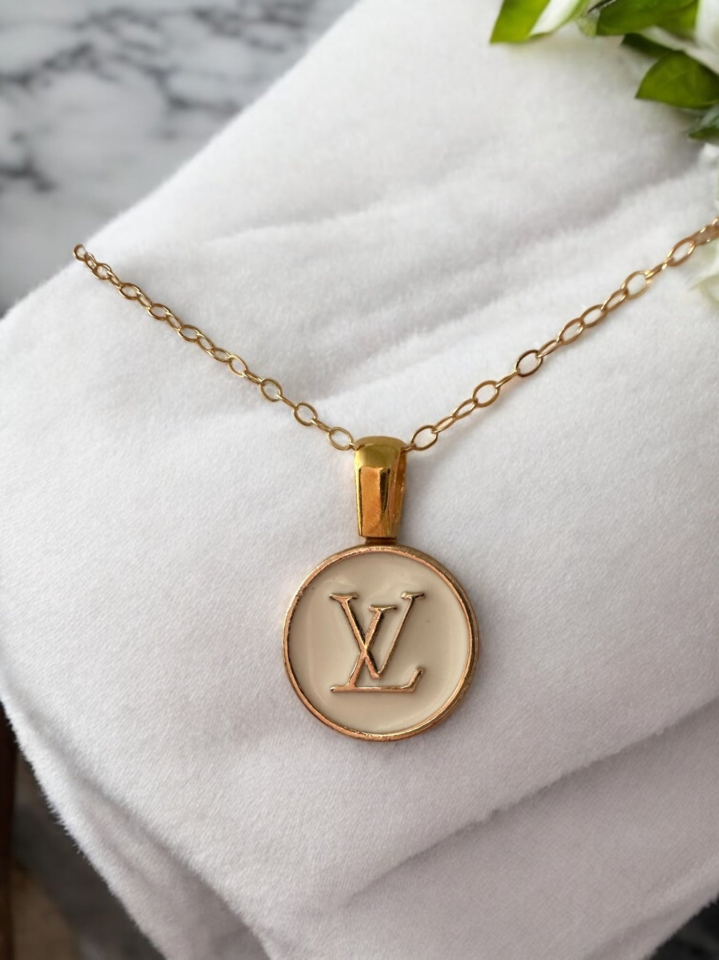 Luxury Designer Button Necklace w Gold Filled Chain
