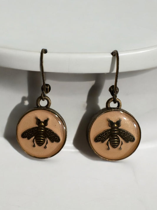 Vintage Designer Up-Cycled Pale Pink and Bronze Leverback Gucci Bee Button Earrings
