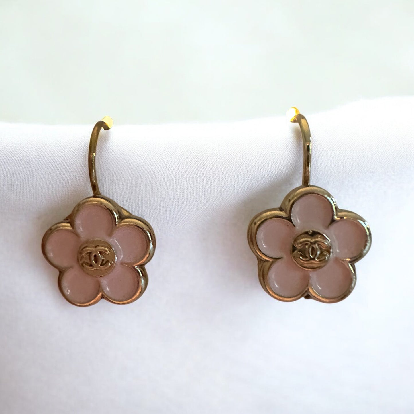 Vintage Designer Up-Cycled Pink and Gold Flower Chanel Lever-back Button Earrings