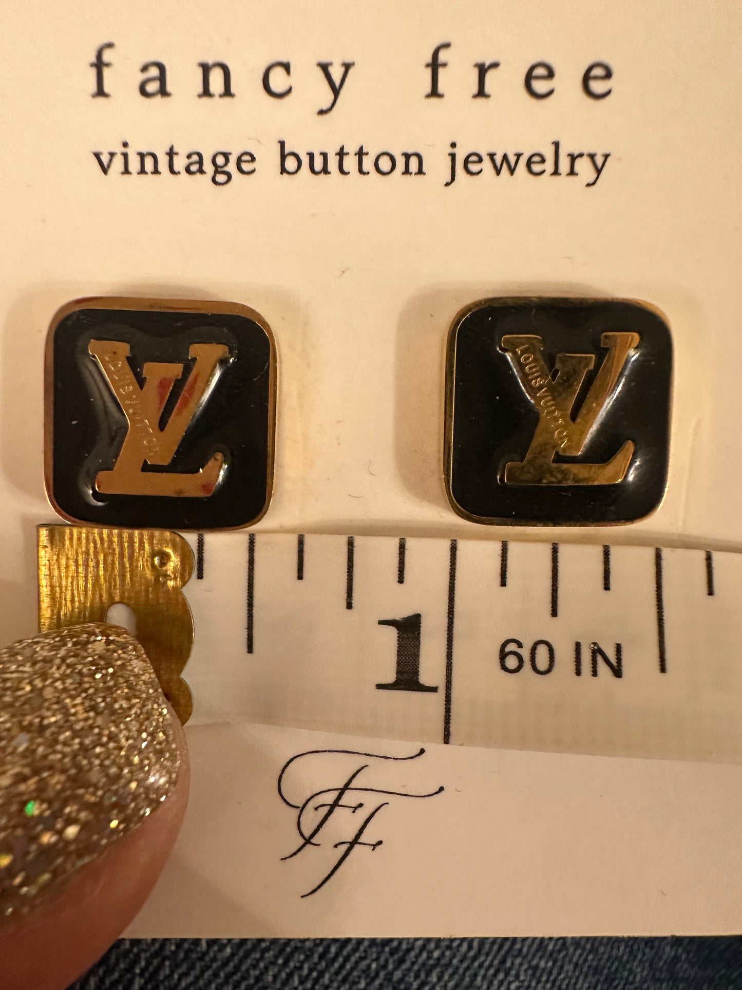 Vintage Designer Up-Cycled LV Black and Gold Button Earrings