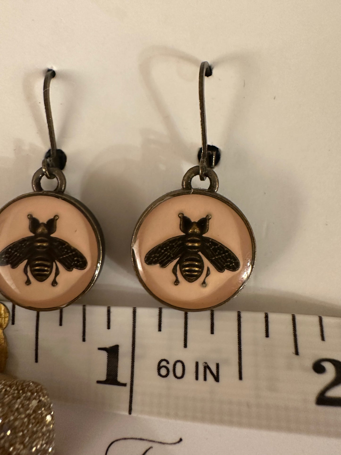 Vintage Designer Up-Cycled Pale Pink and Bronze Leverback Gucci Bee Button Earrings
