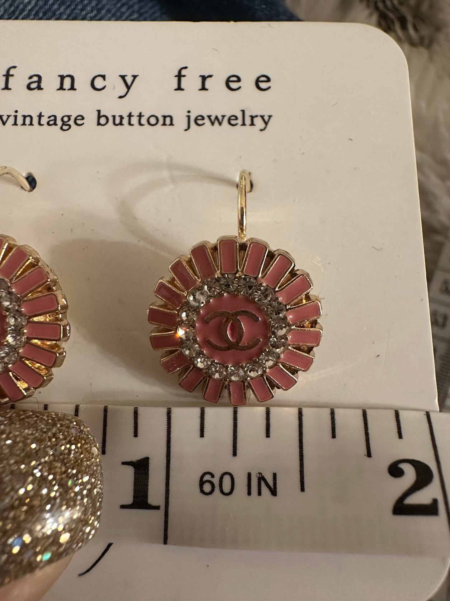 Vintage Designer Up-Cycled Pink and Gold Rhinestone Leverback Chanel Button Earrings