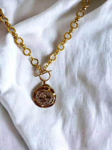 Luxury Designer Button Necklace Amber and Gold w Gold Filled Chain.