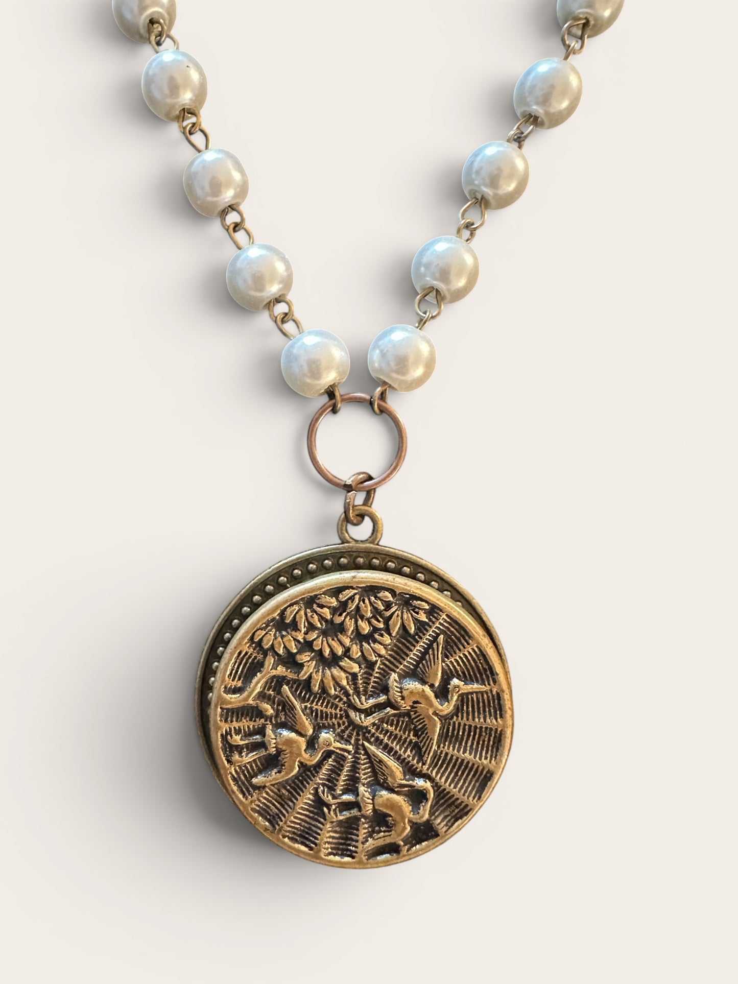 "Cranes in Flight" Victorian Era - Story Button Necklace