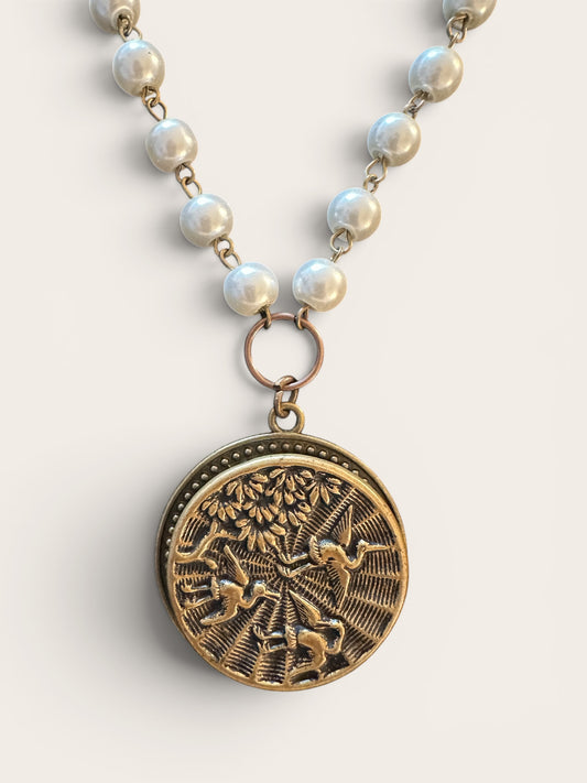 "Cranes in Flight" Victorian Era - Story Button Necklace