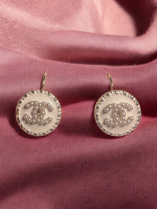 Vintage Designer Up-Cycled White & Pearl Lever-back Button Earrings