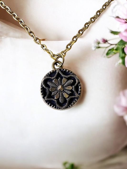 Victorian Era - Perfume Button Necklace, Flower Crest Pattern