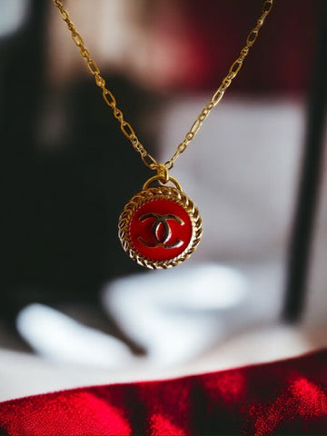 Luxury Designer Button Necklace Ruby Red and Gold w Gold Filled Chain.