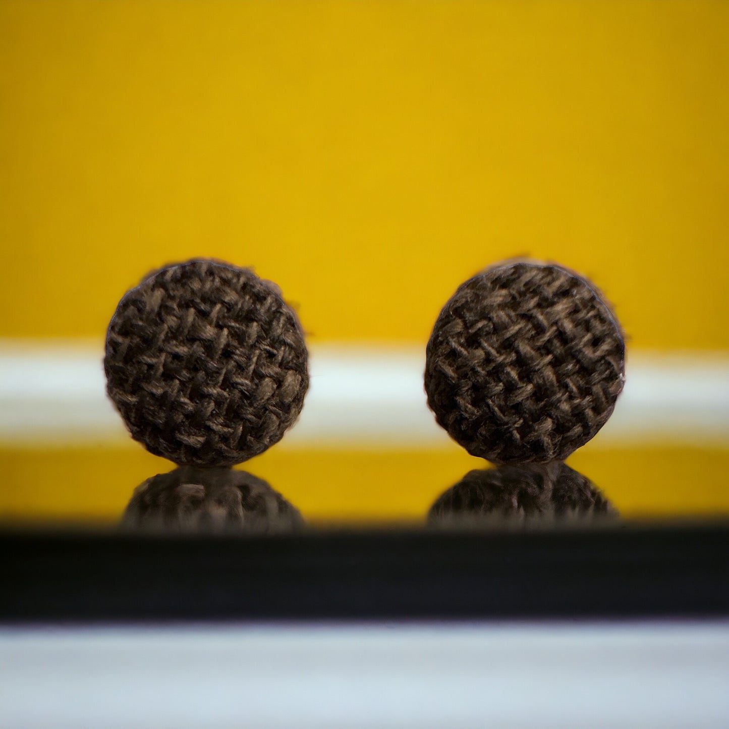 Dark Brown Patterned Fuzzy Fun Vintage Couch Button Earrings