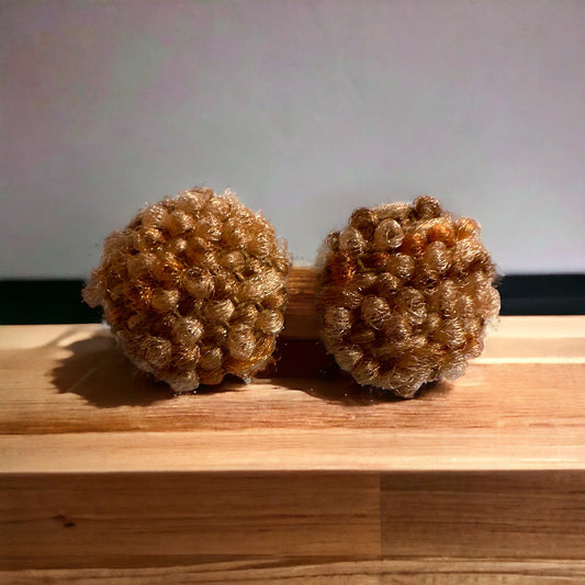 Tan and Brown Striped Fuzzy Fun Vintage Couch Button Earrings