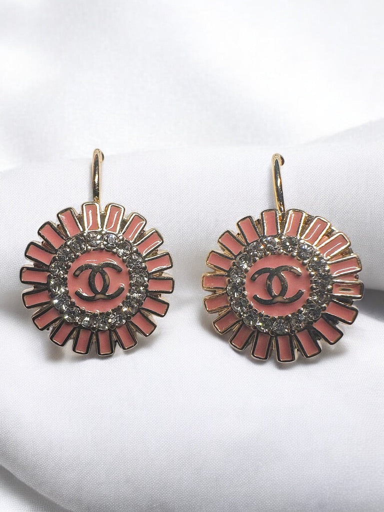 Vintage Designer Up-Cycled Pink and Gold Rhinestone Leverback Chanel Button Earrings (Copy)