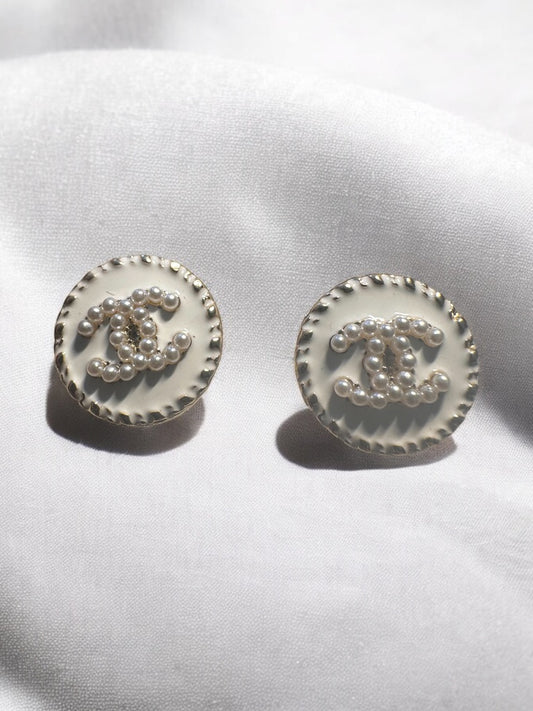 Vintage Designer Up-Cycled White & Pearl Stud Button Earrings