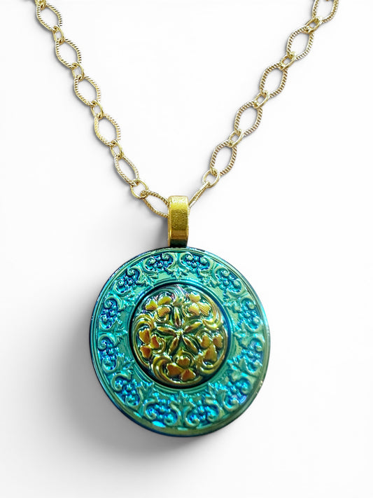 "Flower Magic" - Turquoise and Gold Czech Glass Button Necklace