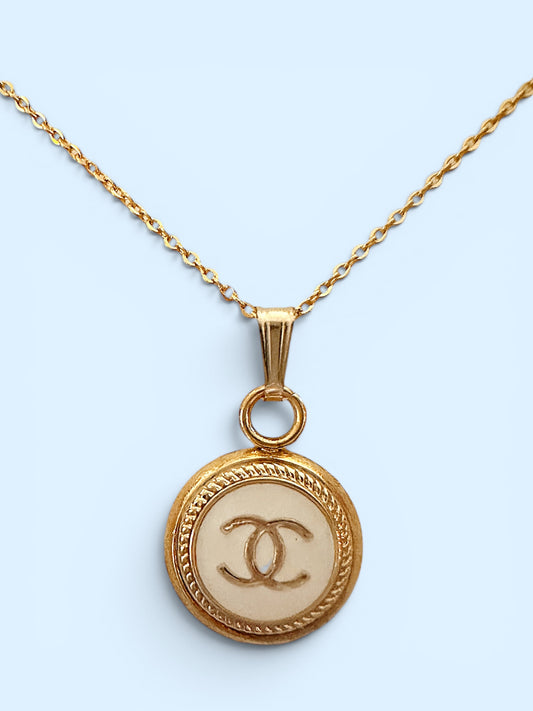 Vintage Designer Up-Cycled White and Gold Chanel Button Necklace