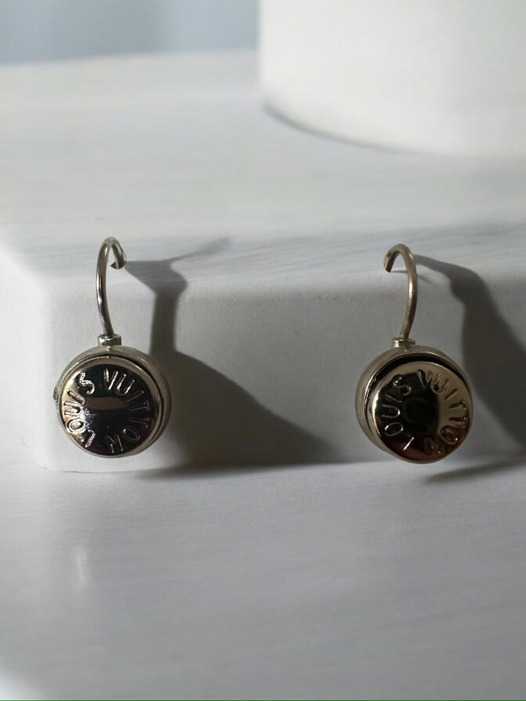 Vintage Designer Up-Cycled LV leverback Silver Button Earrings