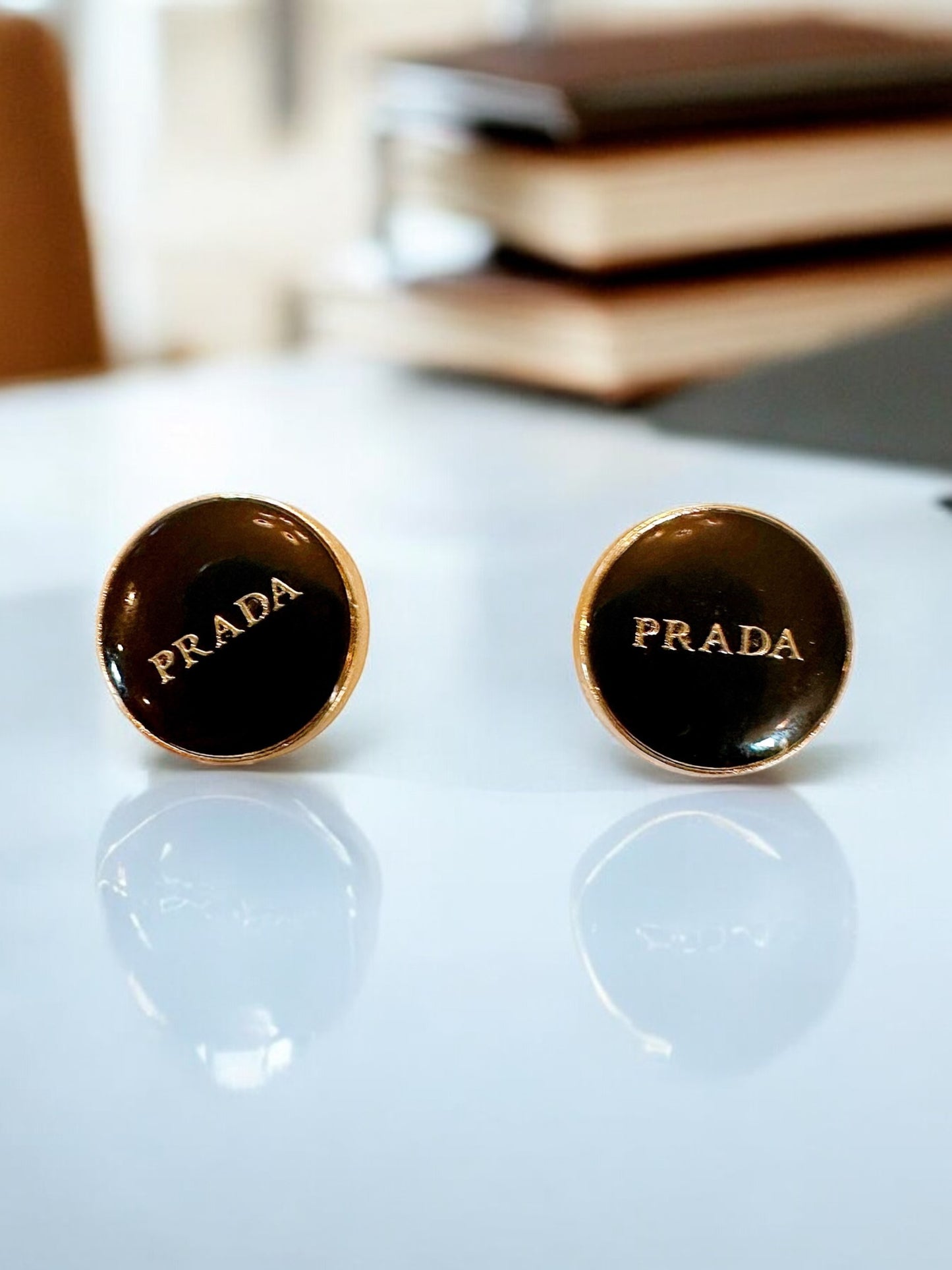 Vintage Designer Up-Cycled Black and Gold Prada Button Earrings