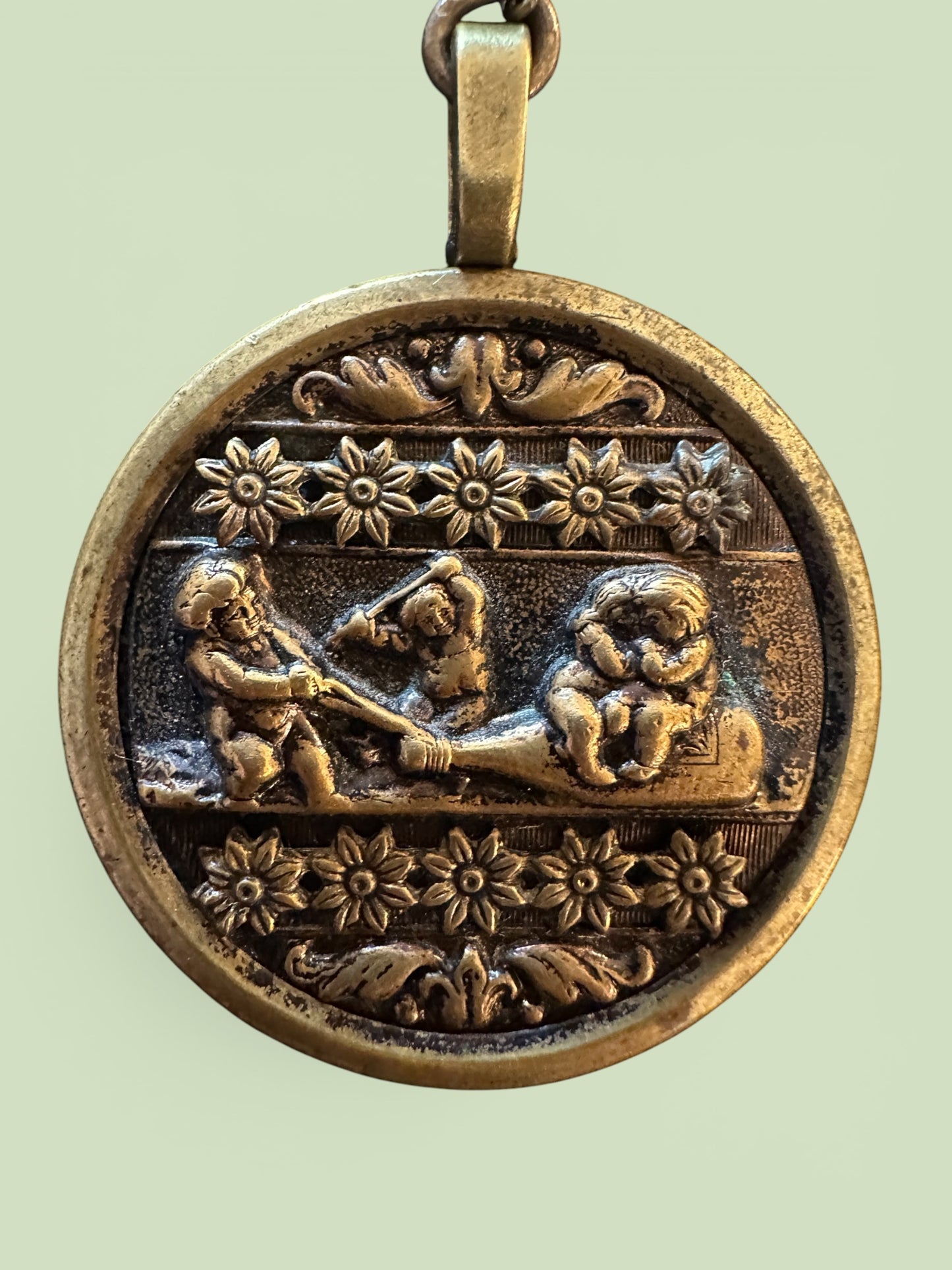 "Boys in a Boat" Pendulum Picture Button Necklace - Victorian Era