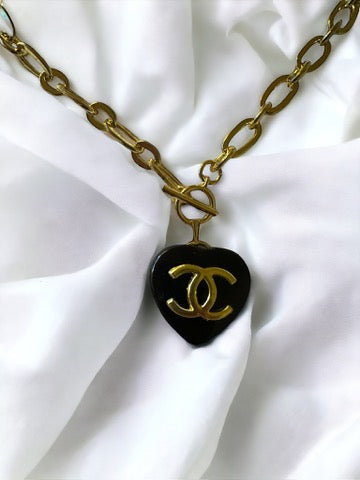 Luxury Designer Heart Shaped Button Necklace w Gold Filled Chain. Black on Gold.