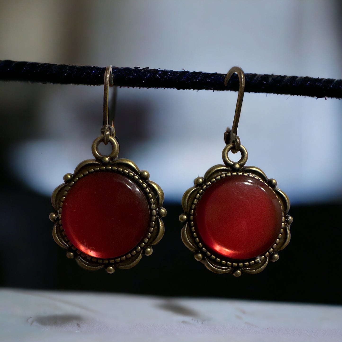 Ruby Red Handcrafted, Bronzed Vintage Button Earrings