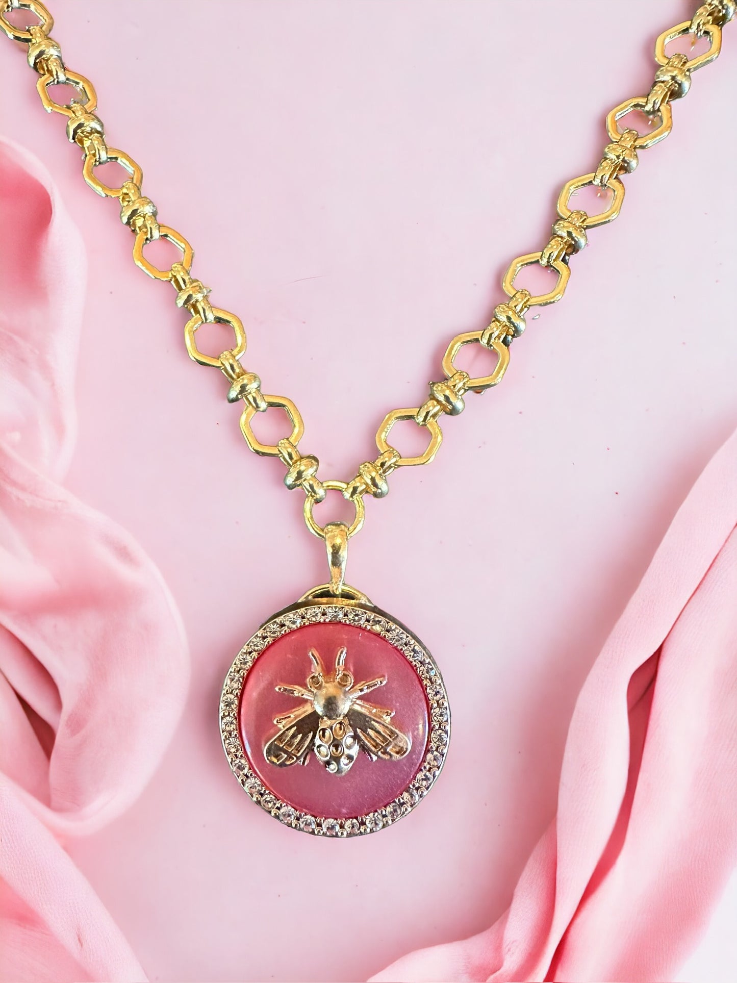 Vintage Designer Up-Cycled Pink Bee Button Necklace