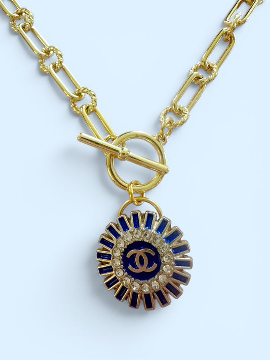 Navy Blue and Rhinestone Chanel Button Necklace with Gold Filled Chain