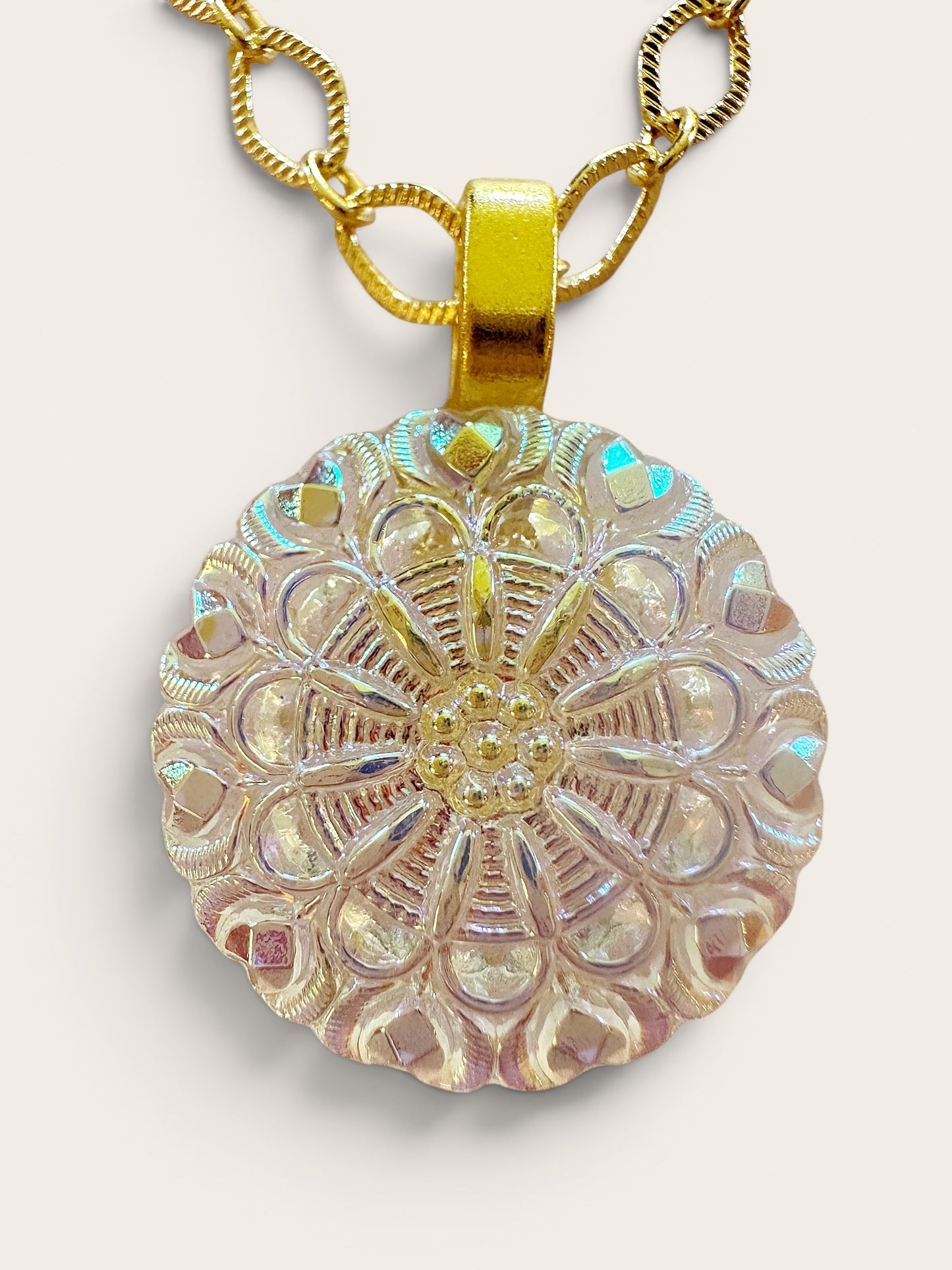Iridescent and Gold Czech Glass Button Necklace