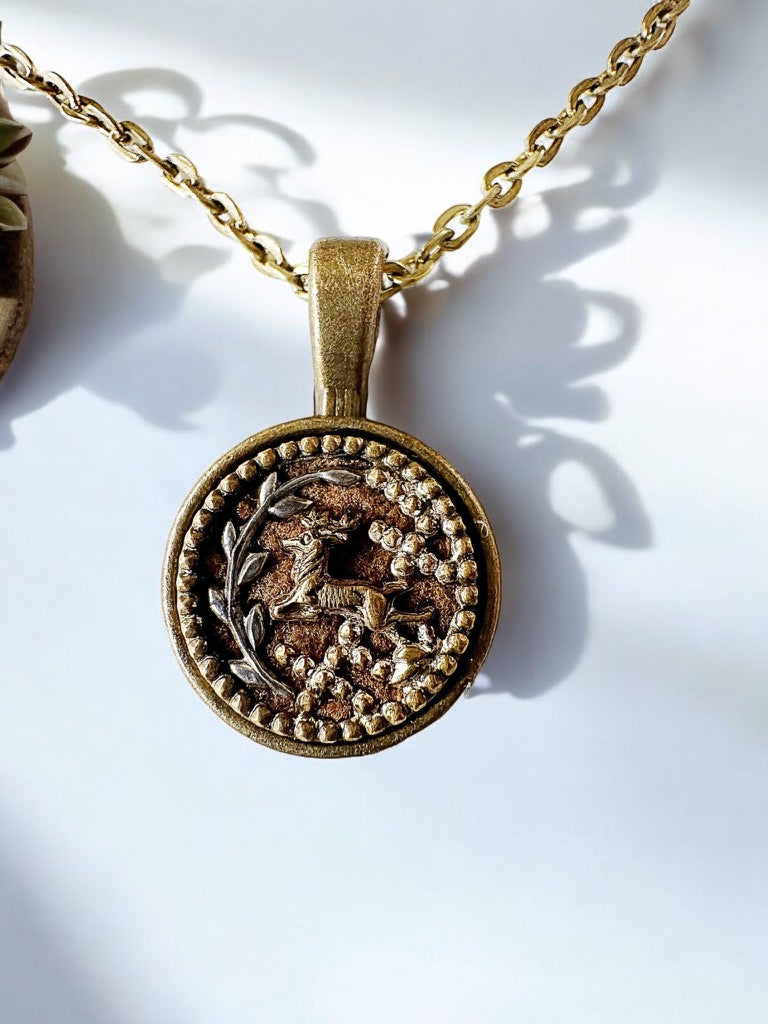 Victorian Era - Perfume Button Necklace, Leaping Deer