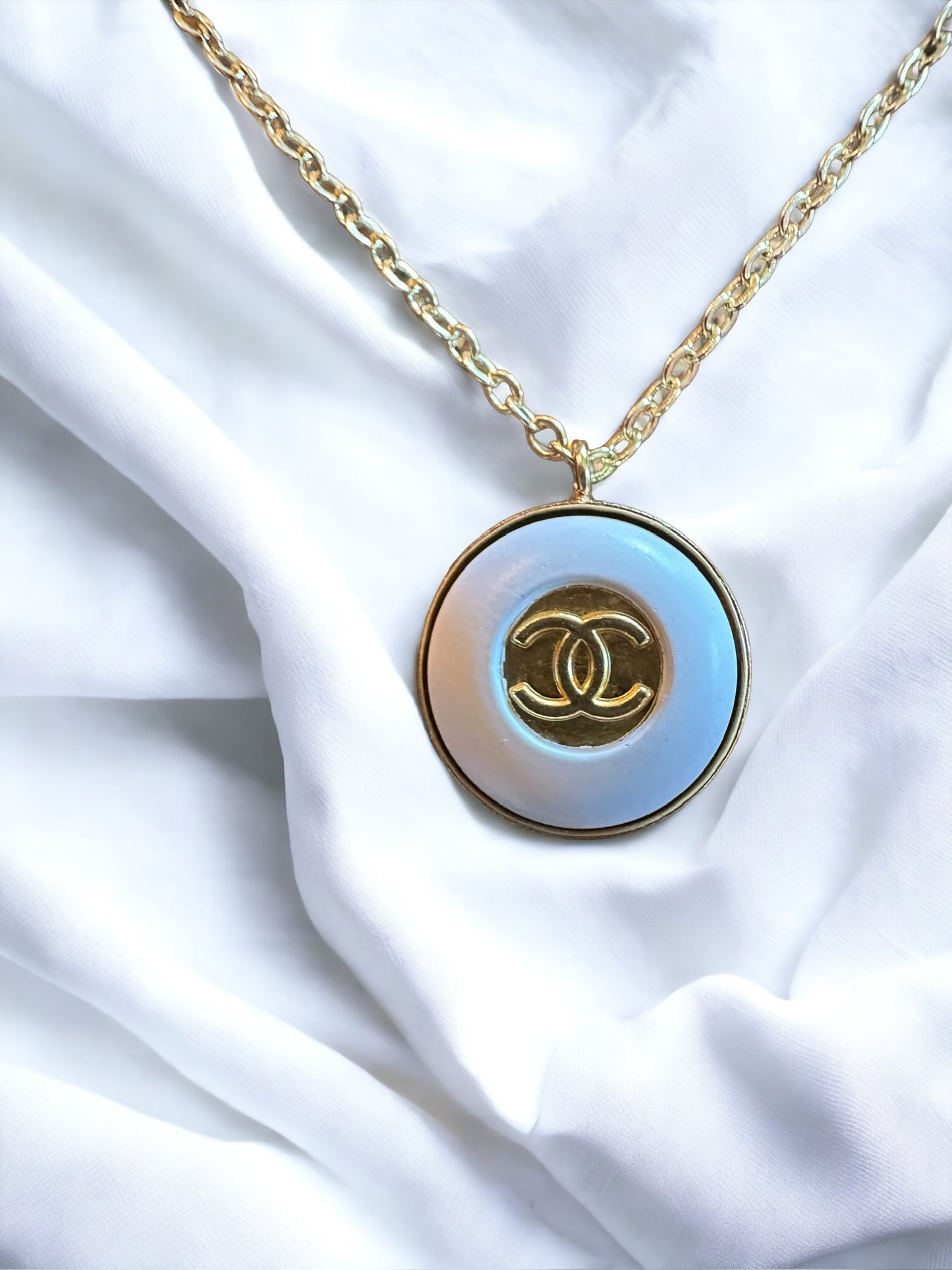 Designer White Button Necklace with Delicated Gold-filled Chain