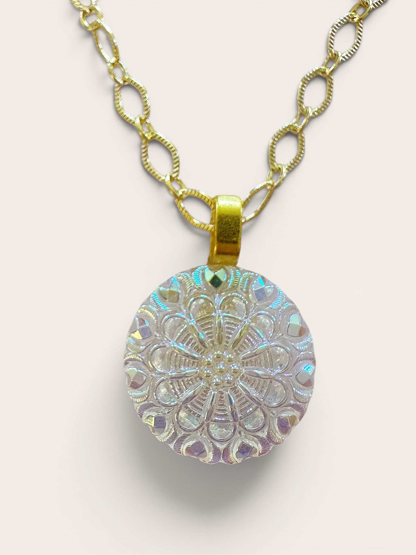 Iridescent and Gold Czech Glass Button Necklace