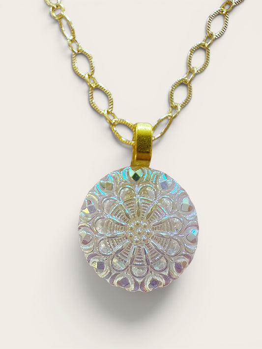 Iridescent and Gold Czech Glass Button Necklace