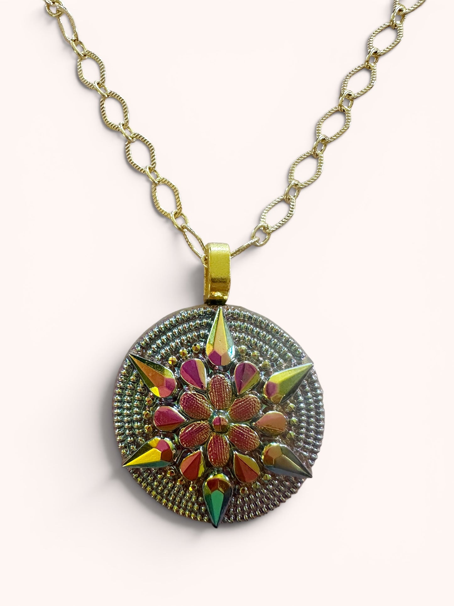 Iridescent "North Star" Czech Glass Button Necklace