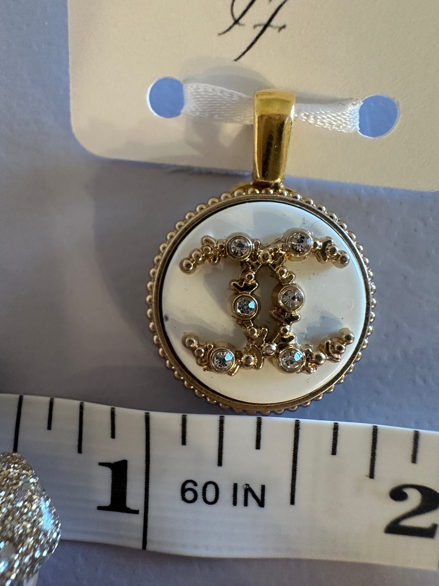 Chanel White & Gold Button Pendant with rhinestones (with or without chain)