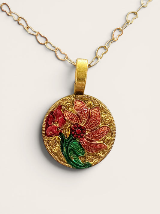 Floral Gold Czech Glass Button Necklace