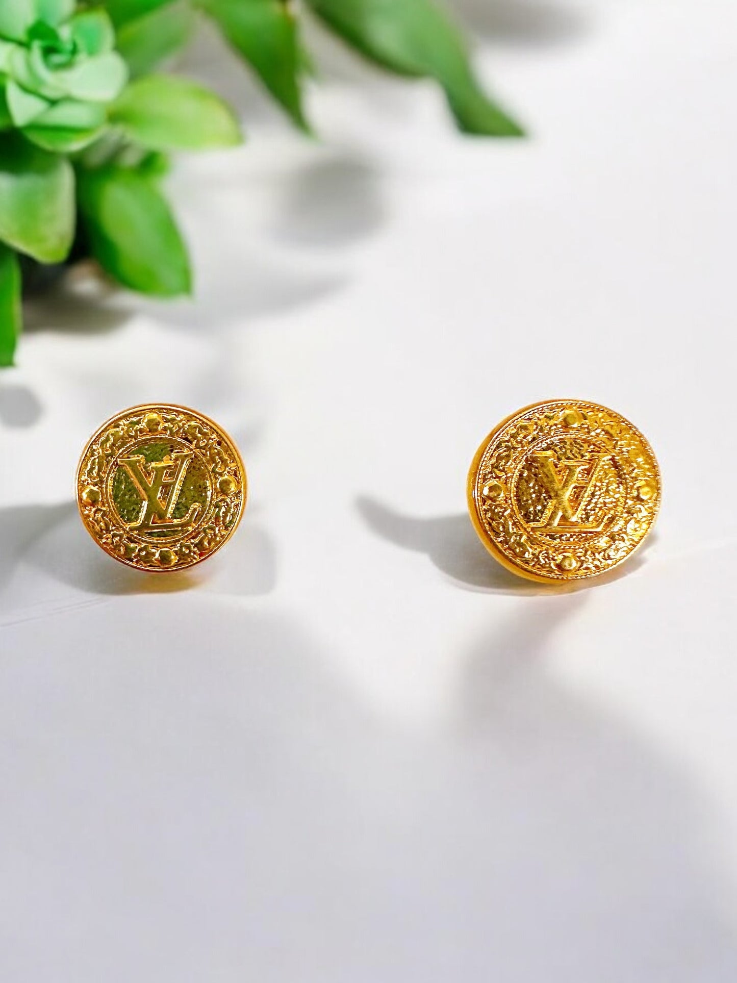 Vintage Designer Up-Cycled LV Gold Button Earrings