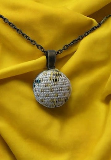 Cream, Yellow, and Turquoise Patterned Fuzzy Fun Vintage Couch Button Necklace