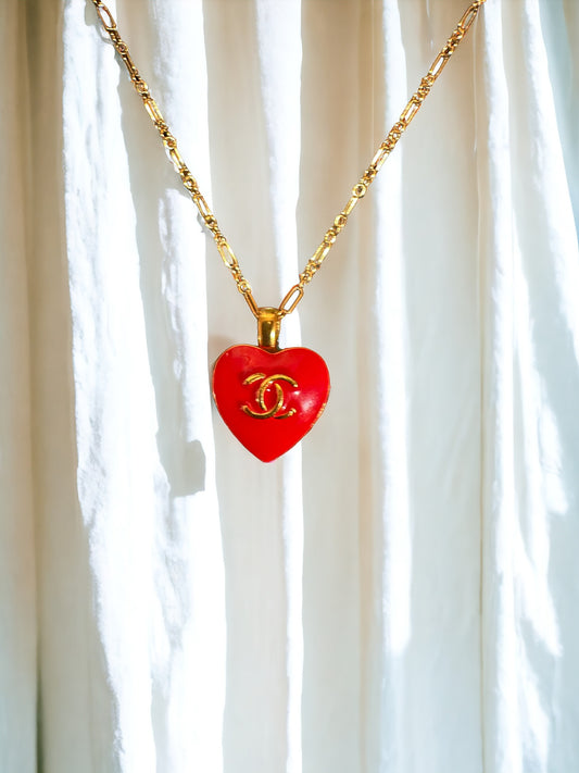 Vintage Designer Up-Cycled Red Heart Button Necklace