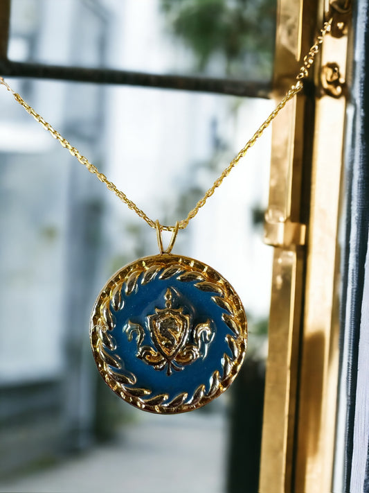 Antique Blue and Gold Button Necklace w Gold Filled Chain