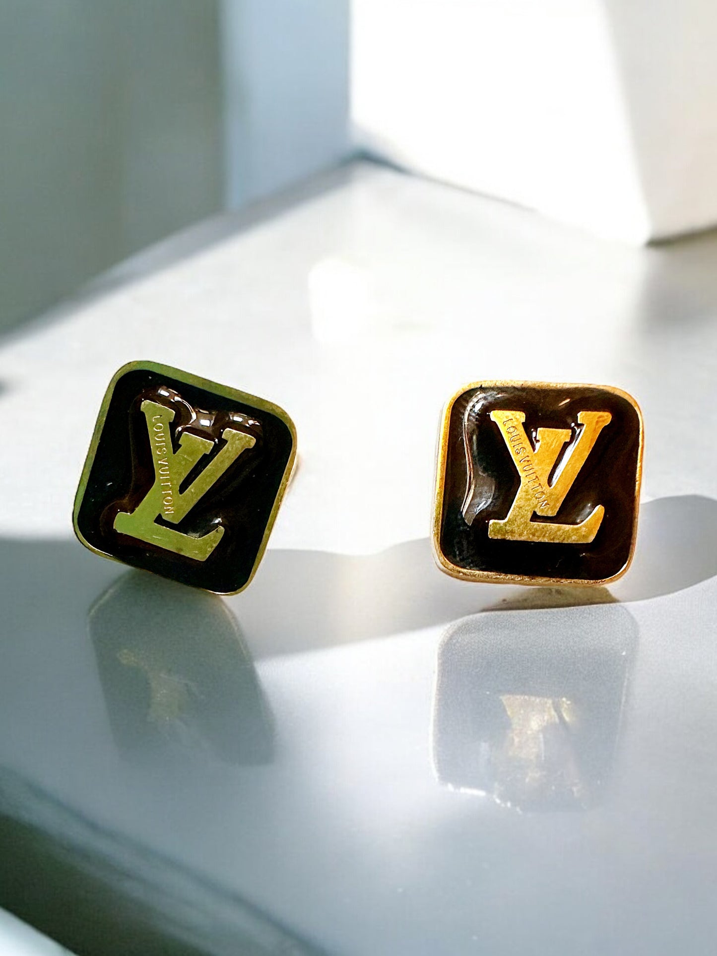 Vintage Designer Up-Cycled LV Black and Gold Button Earrings