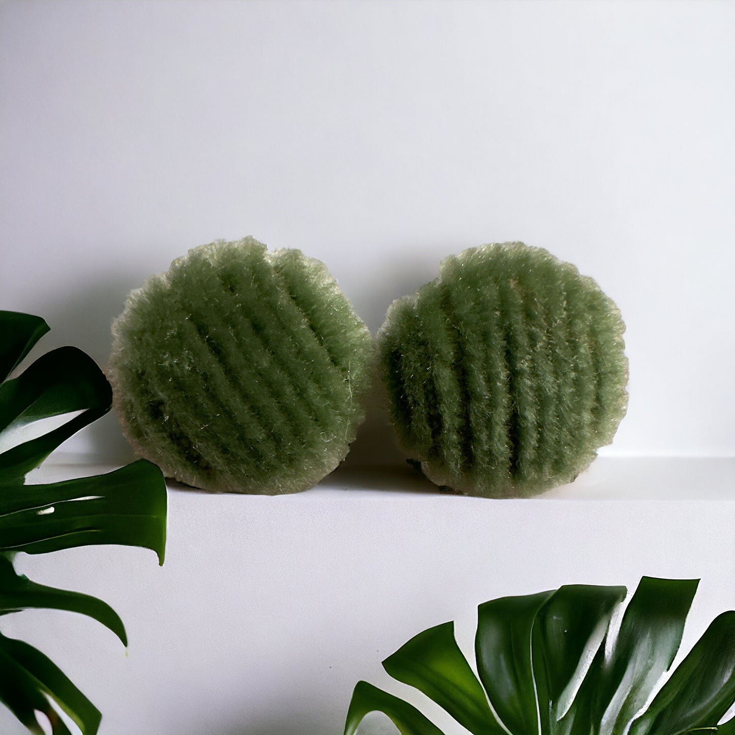 Green Striped Fuzzy Fun Vintage Couch Button Earrings