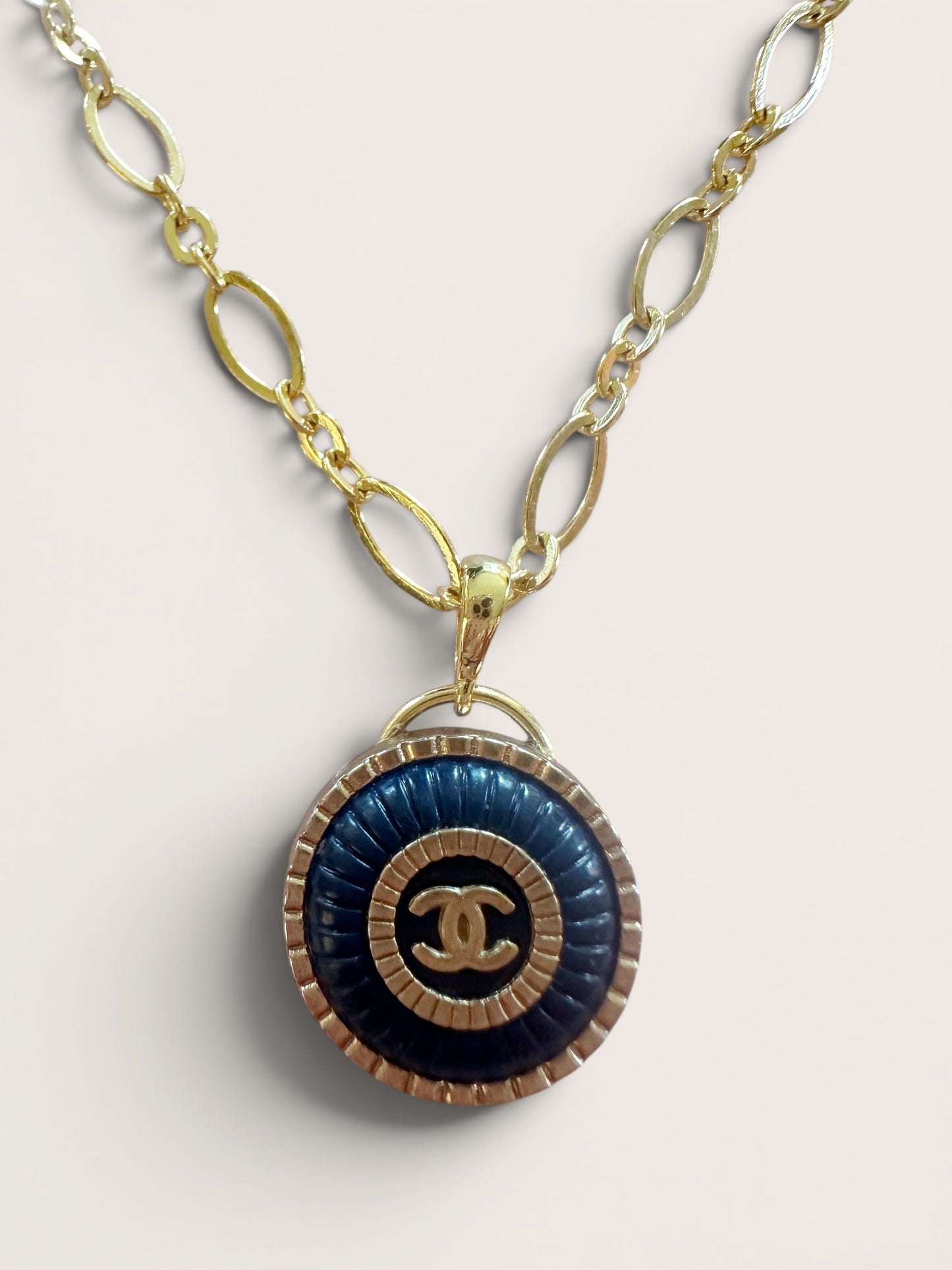 Navy Blue Chanel Button Necklace with Gold Filled Chain