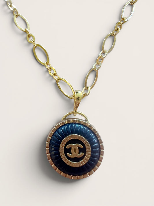 Navy Blue Chanel Button Necklace with Gold Filled Chain